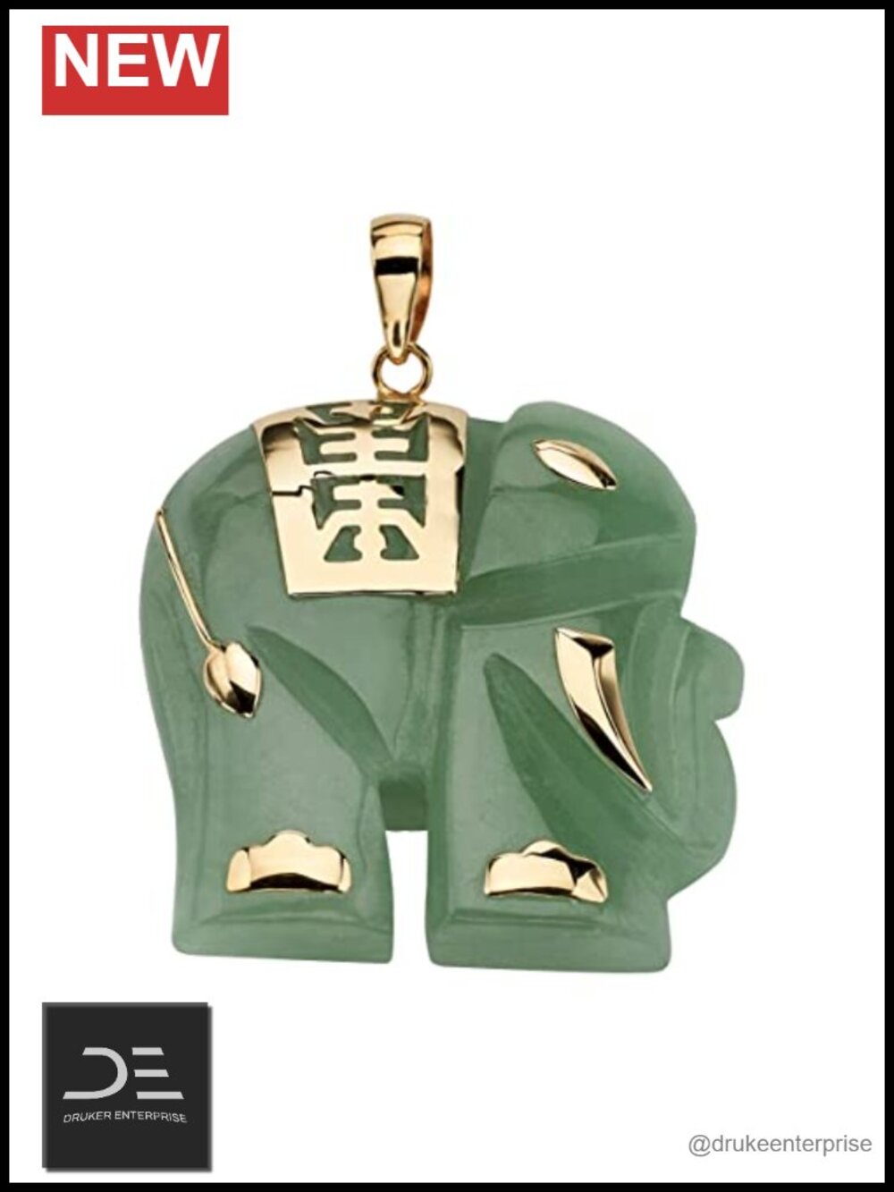 14K Yellow Gold Green Jade Elephant Charm Pendant